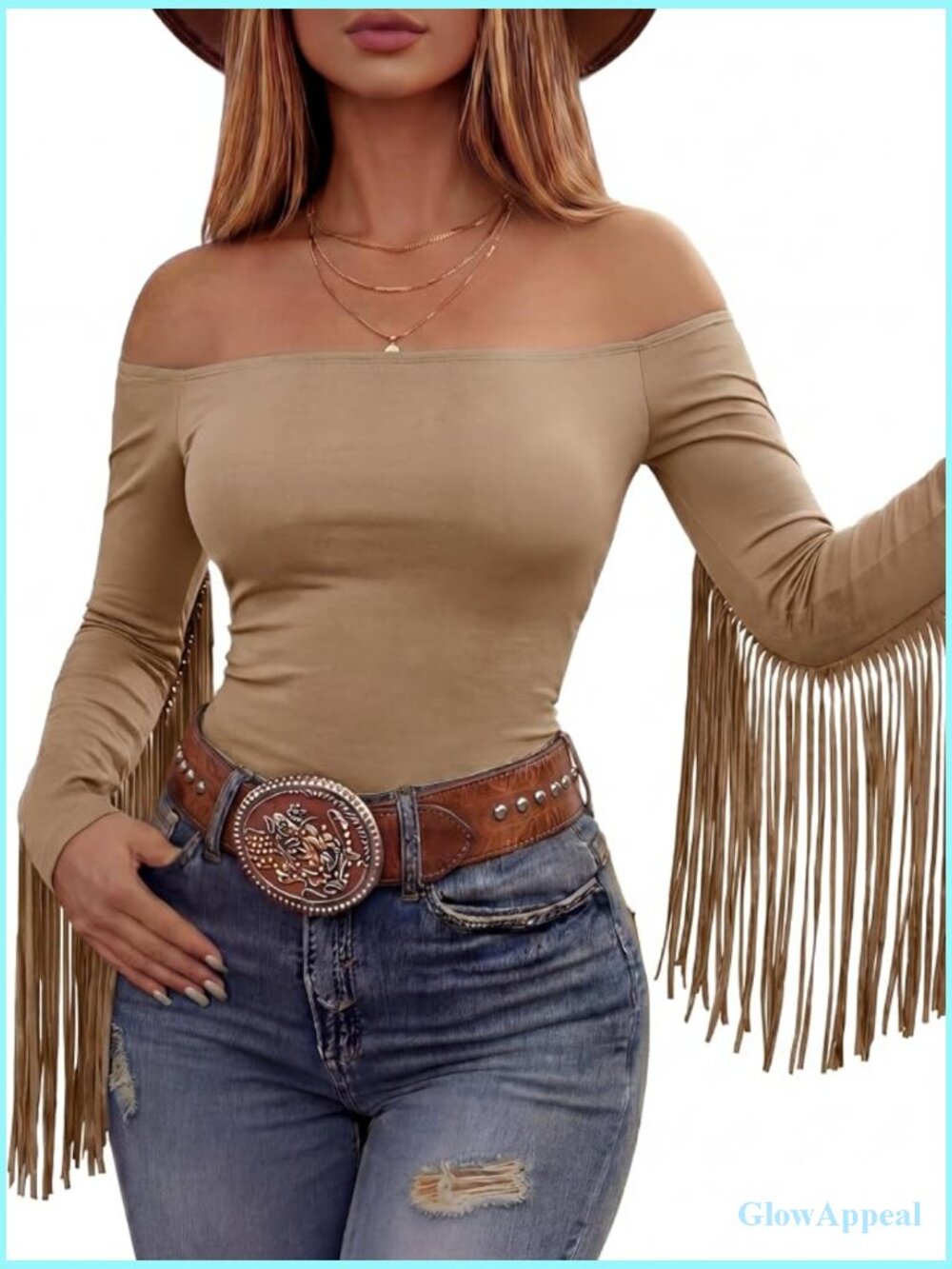 Fringe Off Shoulder Cowgirl Top Long Sleeve Tassels Blouse